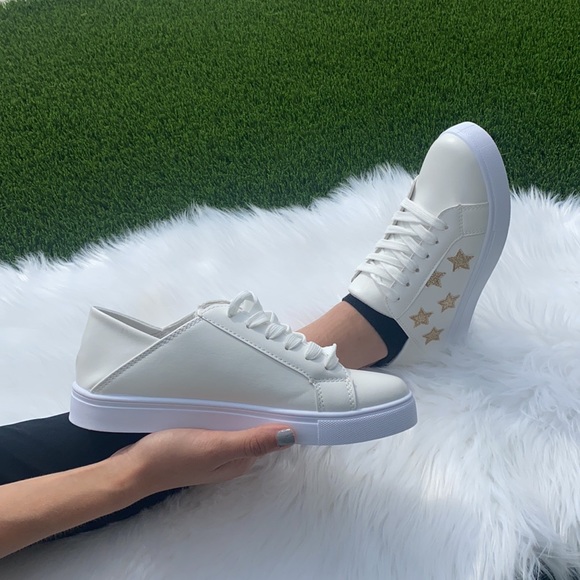 Sneakers with Gold Stars, White - Picture 5 of 10